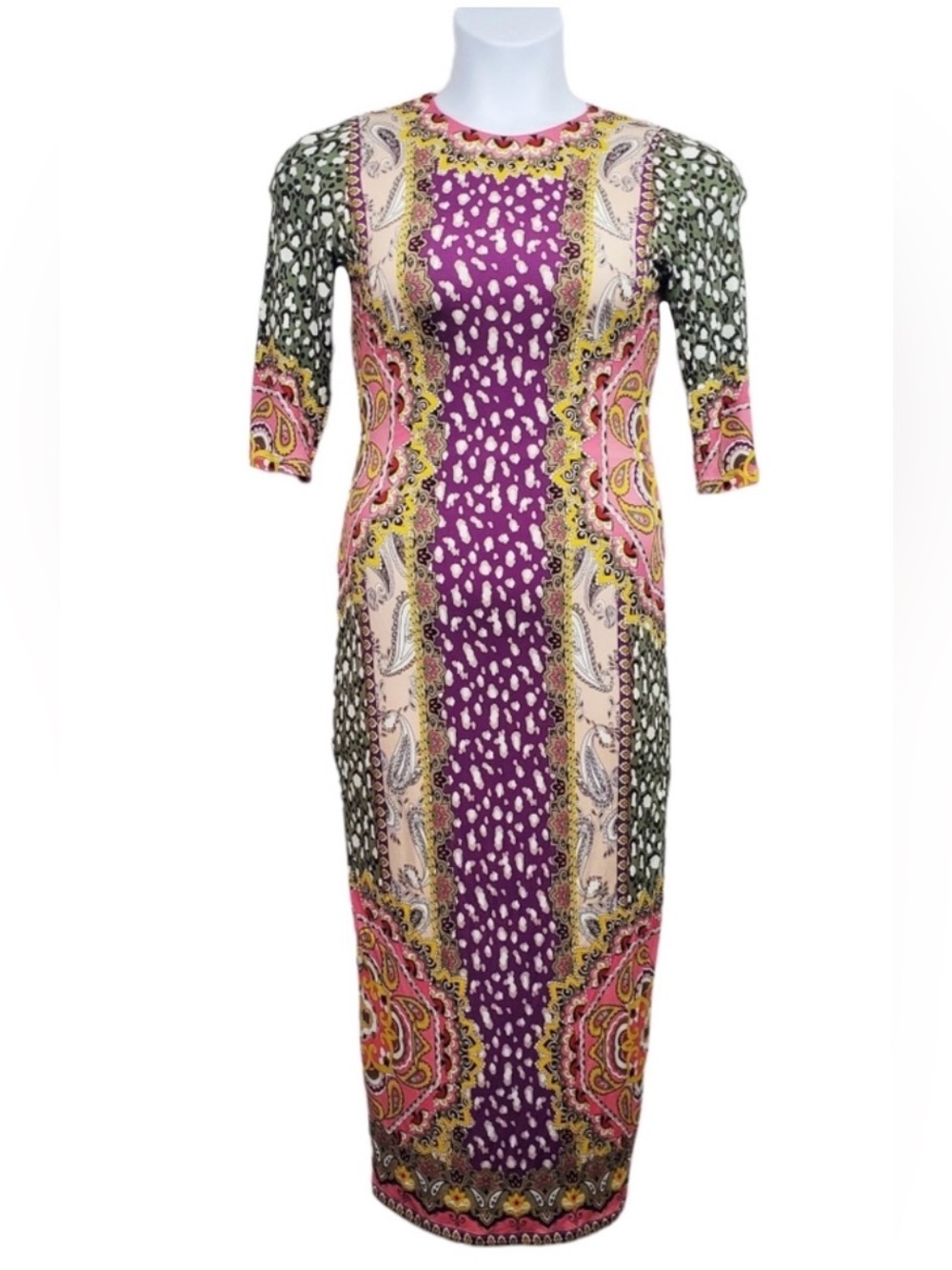 NWT Alice + Olivia Delora Fitted Multiprint Midi Dress, Sz 0 Jersey